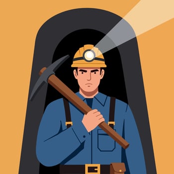 Miner holding pickaxe in underground tunnel with helmet light illustration vector
