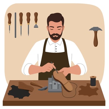 Shoemaker crafting leather shoes with tools on beige background illustration vector