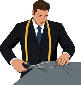 Tailor cutting fabric with scissors measuring tape in professional clothing business illustration vector