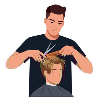 Male Hairdresser Cutting Blonde Hair with Scissors and Comb Illustration vector