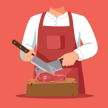 Butcher Cutting Fresh Meat on Wooden Board in Red Apron Illustration vector