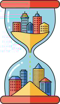 Hourglass with cityscape and buildings illustrating time passing and urban transformation concept artwork vector