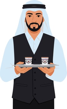 Man in traditional Middle Eastern attire serving Arabic coffee cups with tray illustration vector