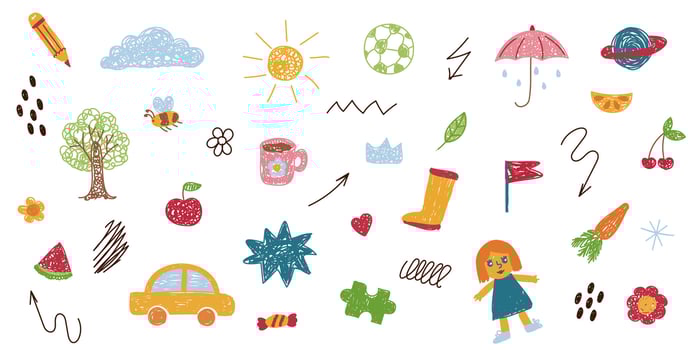 Set of children's drawings. Cute kid flower, cloud, summer illustration. Hand drawn doodle sketch children cute school background. Kids doodle crayon style line. illustration vector