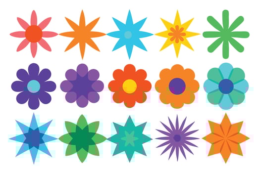 Colorful floral pattern flat design on transparent background retro flowers blooms vector