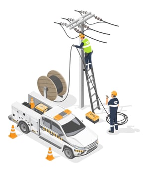 Isometric illustration of electrical line workers installing power cables on utility pole with fast service vehicle and equipment on white background isometric cartoon vector