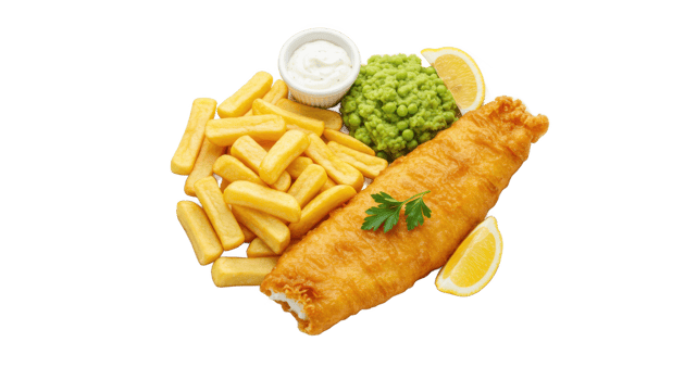 A plate of fish and chips with mushy peas png