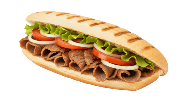 Close up of a doner kebab sandwich with lettuce tomato and onion rings on a baguette bun png