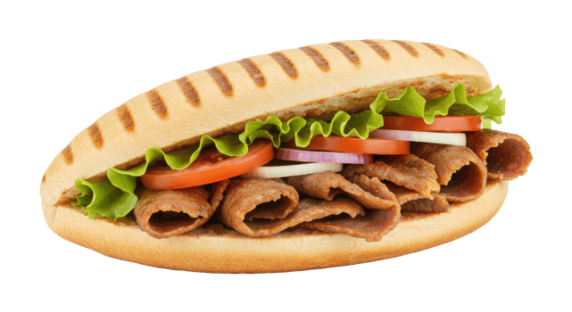 A close up shot of a sandwich filled with meat lettuce tomatoes and onions on a grilled bun png