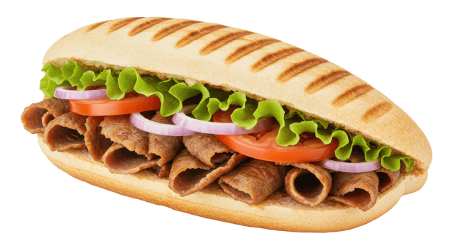 A close up of a kebab sandwich with lettuce tomato and onion in a grilled panini style bread roll png