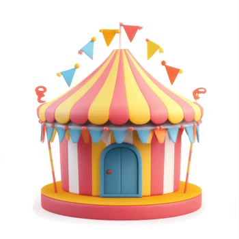 Vibrant striped circus tent with colorful decorations. png