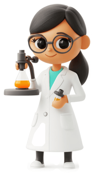 Smiling cartoon scientist holds lab equipment. png