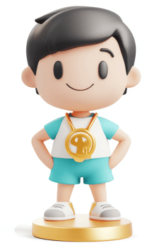 Cheerful cartoon boy displays a gold medal. png