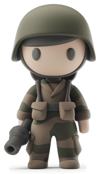 Cartoon soldier figure in military uniform holding a machine gun. png