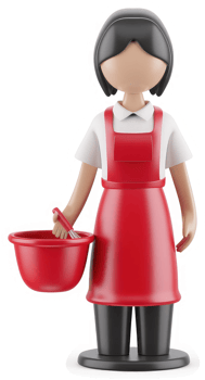 Smiling cafe worker holds a red bowl. png