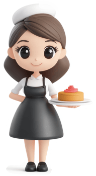 Smiling cartoon chef girl presents a delectable dessert. png