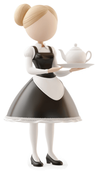 Cartoon maid character carrying a tray with tea service. png