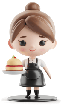 Adorable cartoon character waitress serving a dessert. png