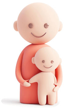 Smiling cartoon father and child embrace. png