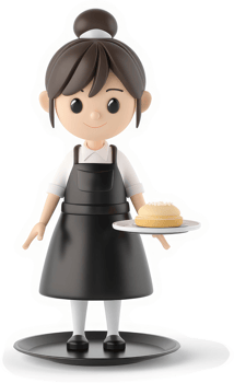 Smiling cartoon baker girl holding a plate of pastries. png