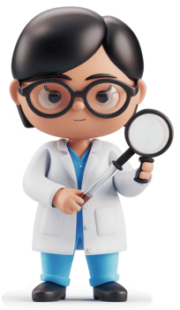 Cartoon female scientist holding a magnifying glass and test tube. png