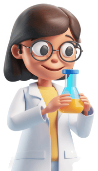 Smiling cartoon girl scientist holds a beaker. png