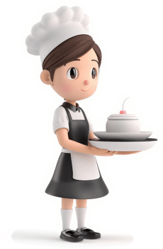 Cute cartoon chef girl serving a dessert. png