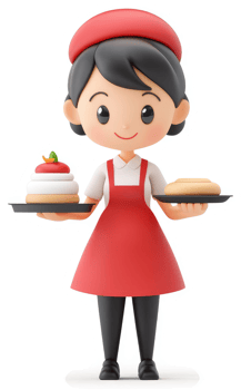 Smiling pastry chef character holding trays of food. png