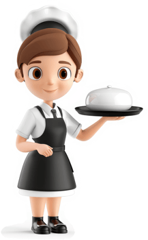 Smiling cartoon chef girl serves a dish. png