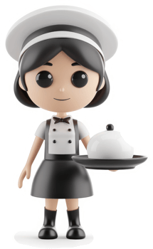 Smiling cartoon chef girl presents a covered dish. png