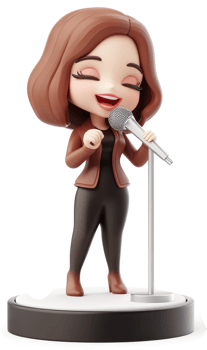 Smiling cartoon woman sings into a microphone. png