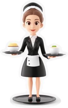 Smiling cartoon maid holding food trays. png