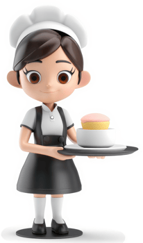 Cheerful cartoon chef girl presents a cupcake. png