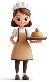 Smiling cartoon chef girl presenting a dish. png