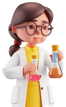 Cartoon scientist holds beakers of colorful liquid. png