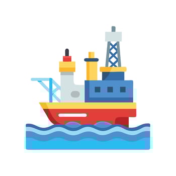 Offshore oil rig cartoon icon, ship on water vector
