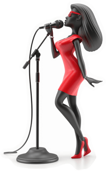 Stylish female vocalist performing with microphone. png
