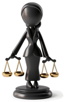 Black figurine of a lawyer holding golden scales of justice. png