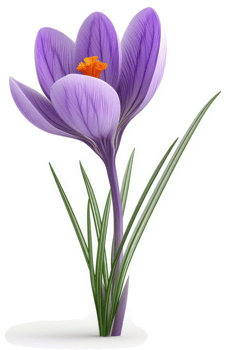 Vibrant purple crocus flower with delicate leaves. png