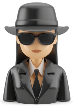 Stylish, dark-suited female figure in a fedora and sunglasses. png