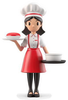 Smiling chef character presenting food on trays. png