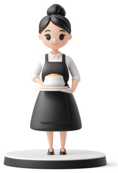 Smiling cartoon waitress holding a dish of food. png
