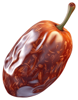 Close-up view of a single, polished date fruit. png
