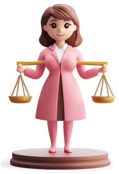 Smiling woman in a pink coat holds a golden scale. png