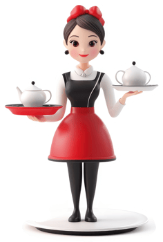 Smiling cafe worker presenting tea service. png