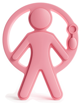 Pink child figure with circular ring and rattle. png