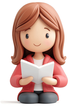 Smiling girl in a red jacket reads a book. png