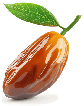 Glossy, golden-brown date with vibrant green leaf. png