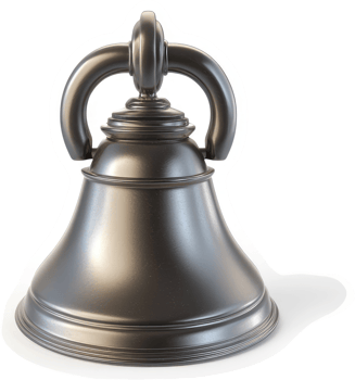 Polished metallic bell with ornate handle. png