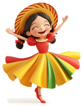 Joyful girl in vibrant traditional dress dances with delight. png